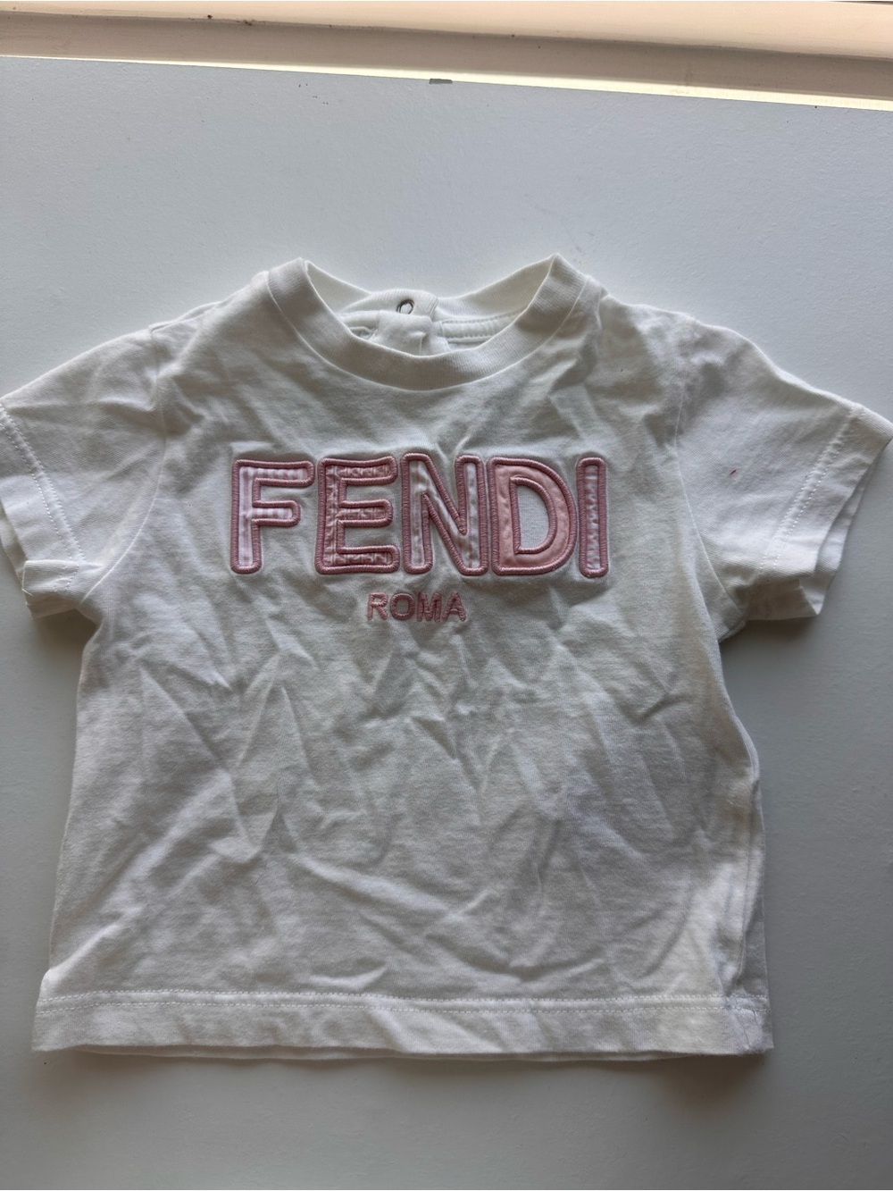 Fendi White Short Sleeve Tee with Pink Embroidered Logo